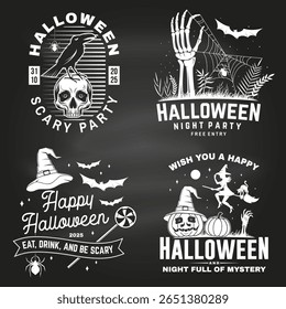 Set of Halloween celebration collection on the chalkboard. Halloween party retro templates, badges, seals, patches. Concept for shirt or logo, print, stamp. Vector