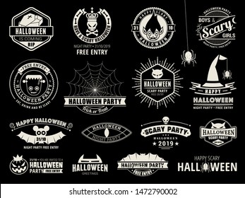Set of Halloween celebration collection with retro grunge effect. Halloween party retro templates, badges, seals, patches. Concept for shirt or logo, print, stamp. Typography design
