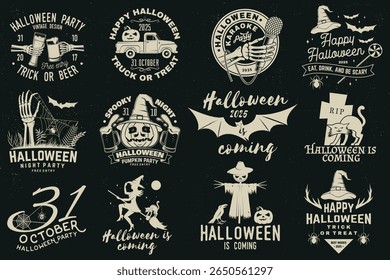 Set of Halloween celebration collection with retro grunge effect. Halloween party retro templates, badges, seals, patches. Concept for shirt or logo, print, stamp. Typography design- stock vector.