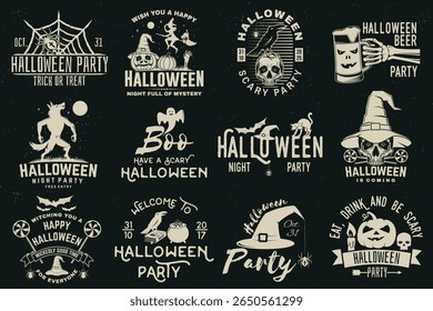Set of Halloween celebration collection with retro grunge effect. Halloween party retro templates, badges, seals, patches. Concept for shirt or logo, print, stamp. Typography design- stock vector.