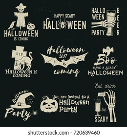 Set of Halloween celebration collection with retro grunge effect. Halloween party retro templates, badges, seals, patches. Concept for shirt or logo, print, stamp. Typography design- stock vector.