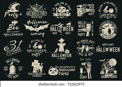 Set von Halloween-Feierlichkeiten mit Retro-Effekt. Halloween-Party-Retro-Vorlagen, Abzeichen, Siegel, Patches. Konzept für Hemd oder Logo, Druck, Stempel. Typografisches Design - Stockvektorgrafik.