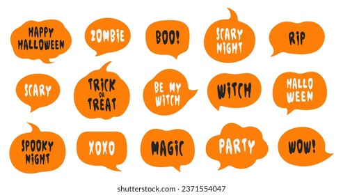 Colección de celebración de Halloween. Burbujas de discursos de Halloween marcadas con texto: Feliz Halloween, truco o amenaza, fiesta, noche temible, noche espeluznante, etc.