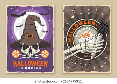Set of Halloween celebration flyer, poster, banner collection. Halloween party retro templates, invitation poster, seals, patches. Concept for shirt or logo, print, stamp. Typography design- vector.