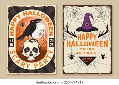 Set of Halloween celebration flyer, poster, banner collection. Halloween party retro templates, invitation poster, seals, patches. Concept for shirt or logo, print, stamp. Typography design- vector.