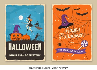 Set of Halloween celebration flyer, poster, banner collection. Halloween party retro templates, invitation poster, seals, patches. Concept for shirt or logo, print, stamp. Typography design- vector.