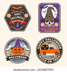 Set of Halloween celebration patch collection. Halloween party retro templates, badges, seals, patches. Concept for shirt or logo, print, stamp. Typography design- stock vector.