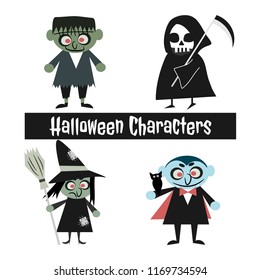 Set of Halloween character. Halloween cartoon, witch, vampire, anngle of death and zombie. 