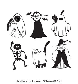 set of Halloween character doodle. Cute ghost, vampire, death, skeleton, witches. Doodle collection,