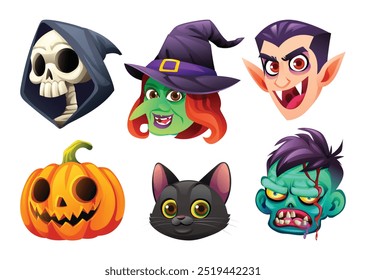 Set of Halloween character faces featuring grim reaper, witch, vampire, pumpkin, black cat, and zombie. Vector cartoon illustration