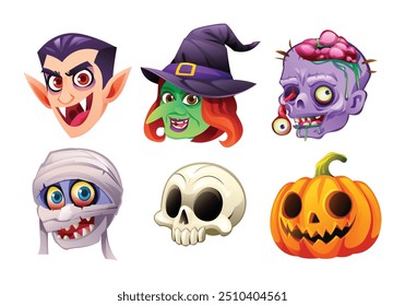 Conjunto de rostos de personagens de Halloween, incluindo vampiro, bruxa, zumbi, múmia, crânio e abóbora. Ilustração de desenho animado vetorial