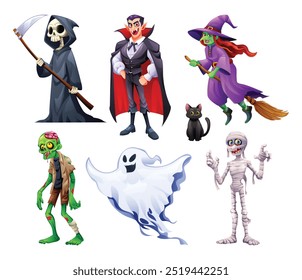 Conjunto de personaje de Halloween con parca, vampiro, bruja con gato negro, zombi, momia y fantasma espeluznante. Vector ilustración de dibujos animados.