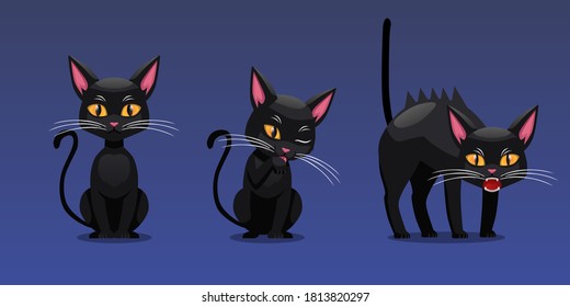 Set of Halloween Character Illustration, Black Cat Sit Pose and Angry Pose,  Isolated on Gradient Background,