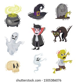 Set of halloween character objects. Vector illustration on a white background.
