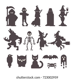 Set of Halloween character silhouettes. Halloween flat illustration. Grim reaper, zombie, witches, vampire, werewolf, skeleton, raven, owl, cat, bat, spider and ghost