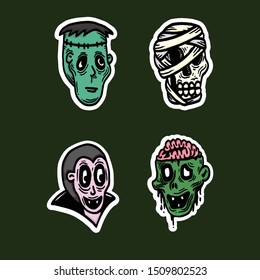 Set of Halloween Character Vectors such as Frankenstein, Dracula, Zombie and Skull