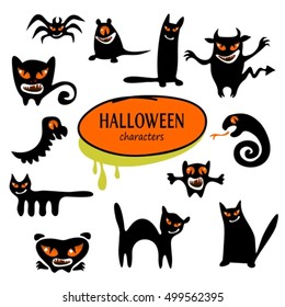 Set of Halloween characters. Cartoon cute black monsters isolated on white background. Design elements for greeting card or flyer.