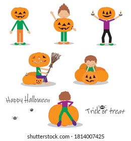 Set of Halloween characters. Children in costumes pumpkins. Happy Halloween  and Trick or treet with funny spiders. Templates for postcards.