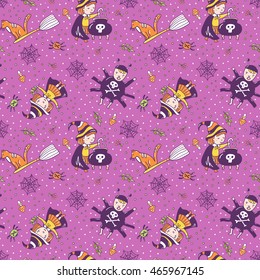 Set of halloween characters. Children in costumes. Witches and cats  isolated on the white background. Vector illustration.