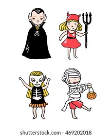 Set of halloween characters. Children in costumes. Vampire, devil, ghost and skeleton  isolated on the white background. Vector illustration.