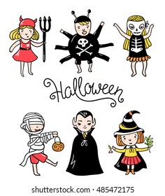 Set of halloween characters. Children in costumes. Vampire, devil, spider,zombie, witch  and skeleton isolated on the white background. Vector illustration.