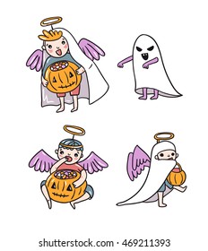 Set of halloween characters. Children in costumes.Ghost and angels with pumpkin and sweets  isolated on the white background. Trick or treat vector illustration.