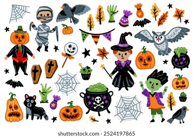 Set of Halloween characters, Children in funny and scary witch costumes. Collection. For children room designs. Pumpkin, bat, zombie, owl, garland flag, ghost, cat