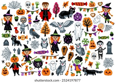 Set of Halloween characters, Children in funny and scary witch costumes. Collection. For children room designs. Pumpkin, bat, zombie, owl, garland flag, ghost, cat