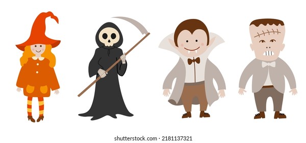 Juego de caracteres de Halloween: linda bruja, pardo, Drácula y Frankenstein. Ilustración de vectores en estilo plano aislado sobre fondo blanco