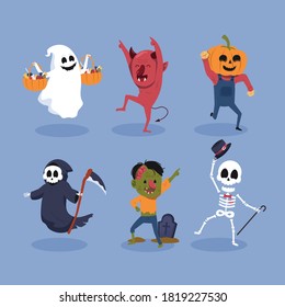 Set of halloween characters dancing illustration