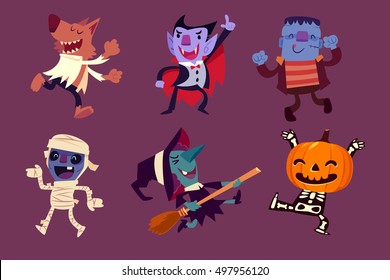 Set Of Halloween Characters Dancing In Party