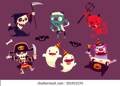 set of halloween characters doing funny dance in party