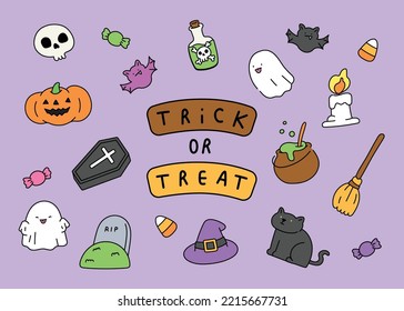 Set of Halloween characters and elements for isolated on purple background. Halloween day decoration icon. Flat vector illustration cartoon character.