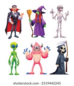 Conjunto de personajes de Halloween con vampiro, bruja con escoba, momia, parca, alienígena y monstruo rosa lindo. Vector ilustración de dibujos animados