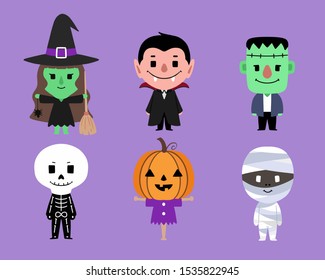 Conjunto de caracteres de Halloween de diseño plano. mami, zombie, el monstruo de frankenstein, vampiro, dracula, cabeza de calabaza, bruja, esqueleto. Diseño excelente para la decoración de fiestas 