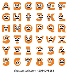 A set of Halloween characters in the form of letters and numbers with a mad face, vector clip art.