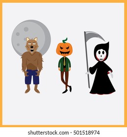 Set of Halloween characters for the holiday: Werewolf, Pumpkin Jack, Grim reaper