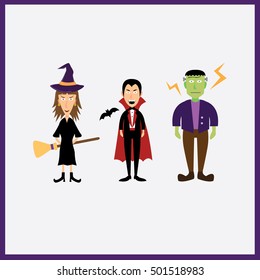 Set of Halloween characters for the holiday: Witch, Dracula, Frankenstein