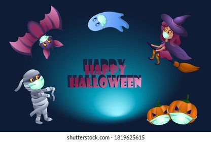 Set of halloween characters with masks. Coronavirus happy halloween.