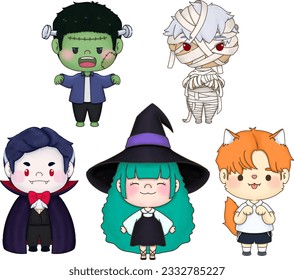 Set of Halloween characters, Mummy, Witch, Werewolf, Vampire