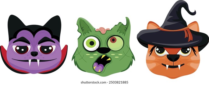 set with Halloween characters, namely various cats in the form of witches, zombies and Dracula, vector