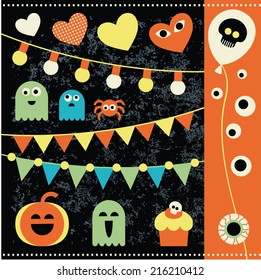 Set for Halloween with characters and objects. Ghosts, pumpkin, streamers, garlands, balloons, dessert, spider for your design.