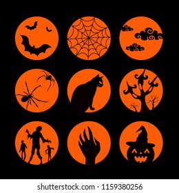 Set of Halloween characters on orange circles.  Silhouettes style. Vector illustration. Black Cat, bat, spider and web, pumpkin, cloud.