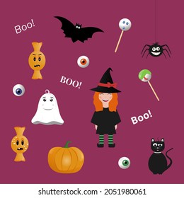 Set of Halloween characters. Poster, postcards and frame leaflet, web banner. Vector illustration template with ghost, bat, candys, witch and funny pumpkin. Happy Halloween banner, background design.