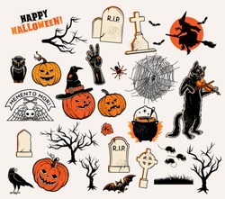 Set Of Halloween Characters: Pumpkins, Witches Silhouette, Bats, Cauldron, Spiders And Web, Cat With Violin, Evil-boding Trees, Zombie Hand, Headstones, Crow, Owl, Mouses.