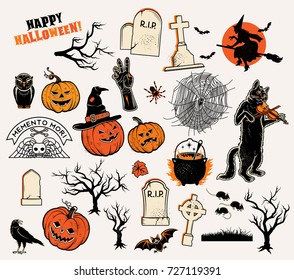 Set of Halloween Characters: pumpkins, witches silhouette, bats, cauldron, spiders and web, cat with violin, evil-boding trees, zombie hand, headstones, crow, owl, mouses.