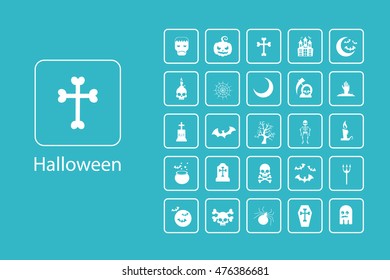 Set of Halloween characters. Scrapbook elements. Vector illustration. Cat, bat, spider, ghost, pumpkin, witch hat, skull, cross.