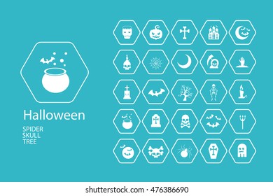 Set of Halloween characters. Scrapbook elements. Vector illustration. Cat, bat, spider, ghost, pumpkin, witch hat, skull, cross.