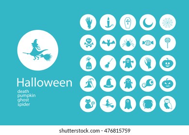 Set of Halloween characters. Scrapbook elements. Vector illustration. Cat, bat, spider, ghost, pumpkin, witch hat, skull, cross.