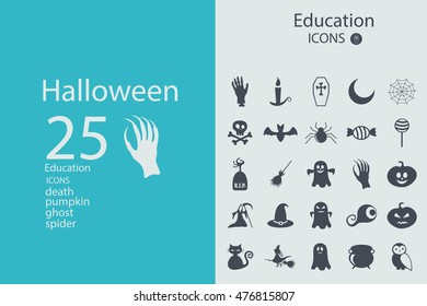 Set of Halloween characters. Scrapbook elements. Vector illustration. Cat, bat, spider, ghost, pumpkin, witch hat, skull, cross.